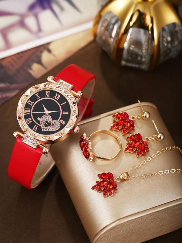 Women's Elegant Rhinestone Decor Quartz Watch & Jewelry Set, Including Round Dial Wristwatch & Maple Leaf Design Necklace & Ring & Earrings, Fashion Watch Set for Women As Gift, without Box