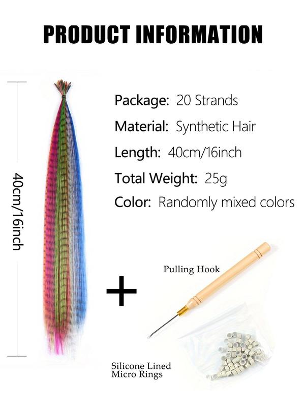 16 Inch Colorful Hair Extensions, 20 Strands Synthetic Hair Extensions with PullingHook & Silicone Ring, Fashionable Hair Extensions for Women & Girls