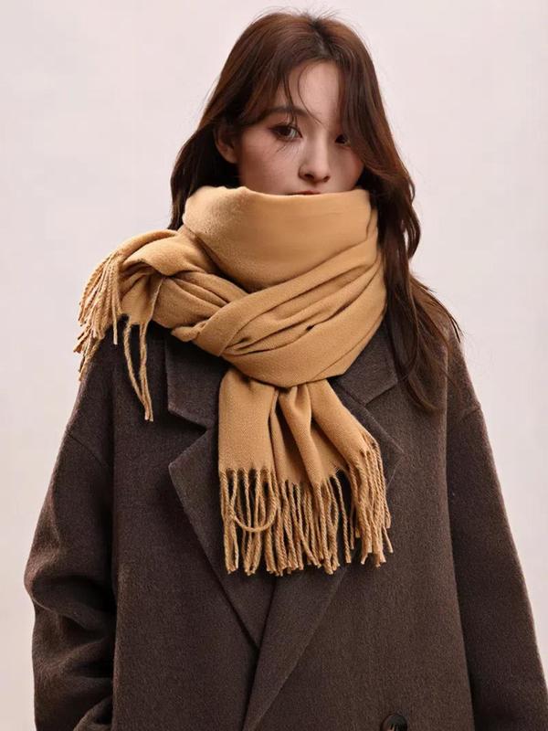 Women's Solid Color Tassel Decor Scarf, Casual Soft Warm Shawl for Fall & Winter, Fashion Accessories for Women & Girls