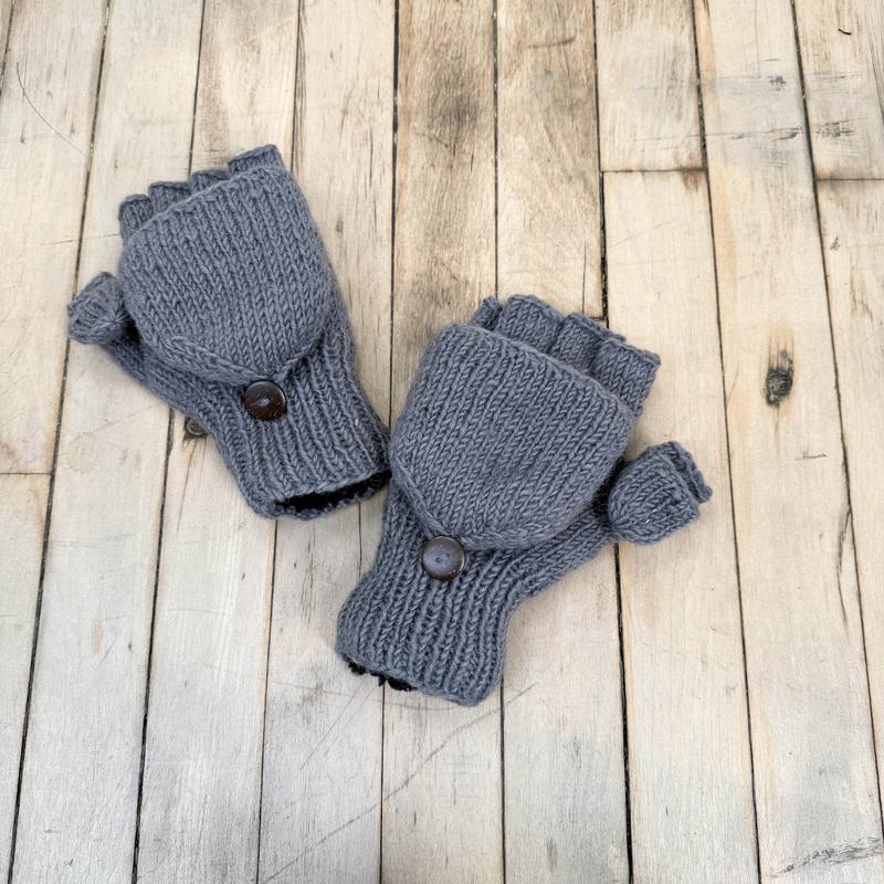 Hand Knit Convertible Mitten, Winter Unisex Gloves with Fleece Lining, Comfy and Warm Ski Gloves, Merino Wool, Texting Fingerless Gloves