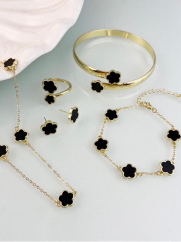 Lucky Flower Design Jewelry Set, Fashion Necklace & Ring & Bracelet & Earrings, Casual Jewelry Set for Women, Trendy All-match & Exquisite Jewelry Set for Gift