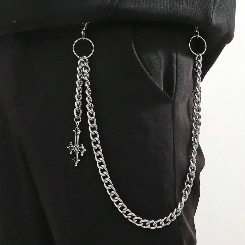 1pc Men's Single Silver Chunky Chain Double Loop Cross Accessory For Suits, Pants