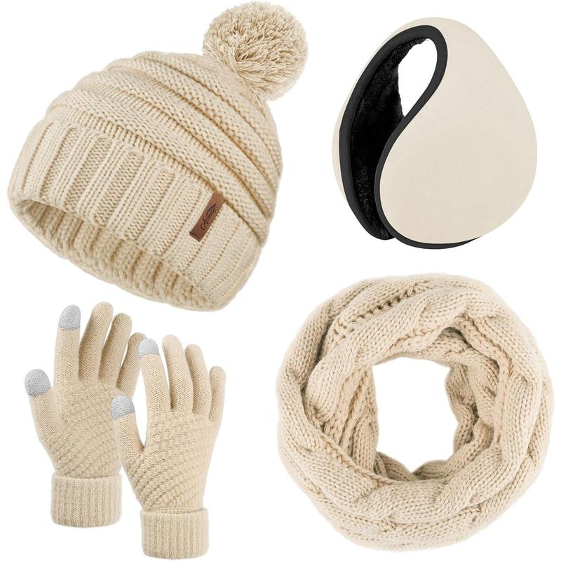 Winter Warm Set Knitted Beanie Hat Scarf Cold Weather Touchscreen Gloves Soft Ear Warmer for Men Women