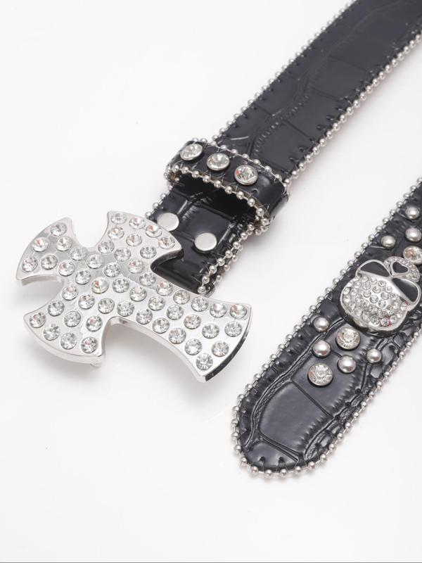 Punk Style Rhinestone Decorated Cross & Skull Design Belt, Fashion Belt for Party, Daily Clothing Decor, Trendy All-match & Exquisite Belt for Birthday Gift