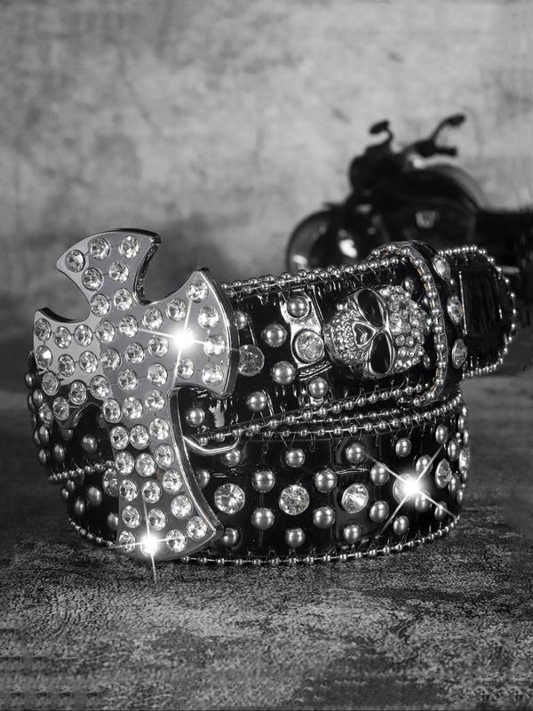 Punk Style Rhinestone Decorated Cross & Skull Design Belt, Fashion Belt for Party, Daily Clothing Decor, Trendy All-match & Exquisite Belt for Birthday Gift