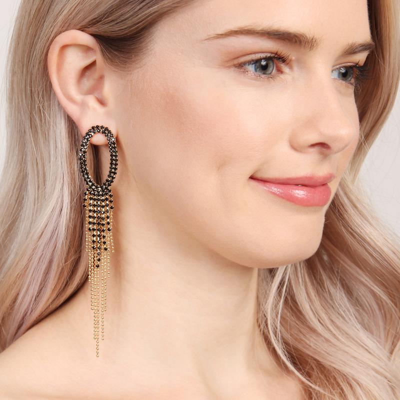 Radiant Oval Rhinestone Fringe Drop Earrings