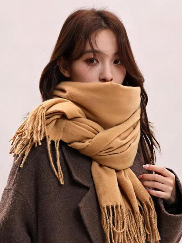 Women's Solid Color Tassel Decor Scarf, Casual Soft Warm Shawl for Fall & Winter, Fashion Accessories for Women & Girls