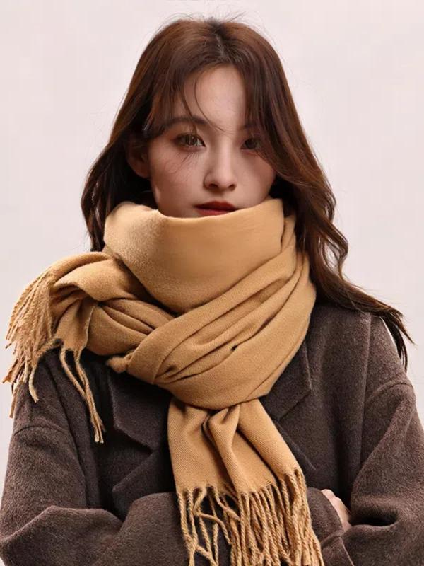 Women's Solid Color Tassel Decor Scarf, Casual Soft Warm Shawl for Fall & Winter, Fashion Accessories for Women & Girls