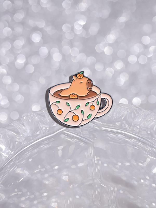 Cute Cartoon Capybara & Tea Cup Design Brooch, Fashion Alloy Badge for Daily Clothing Decor, Trendy All-match & Exquisite Brooch for Gift