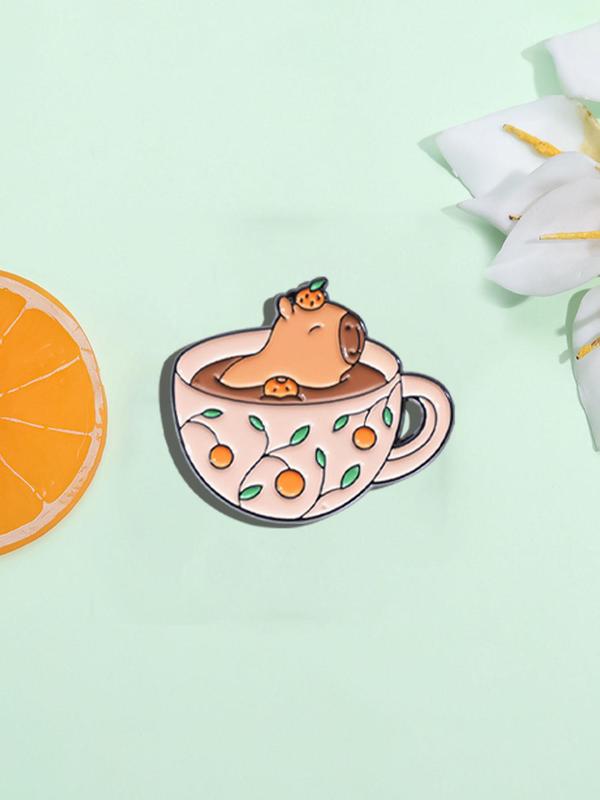 Cute Cartoon Capybara & Tea Cup Design Brooch, Fashion Alloy Badge for Daily Clothing Decor, Trendy All-match & Exquisite Brooch for Gift