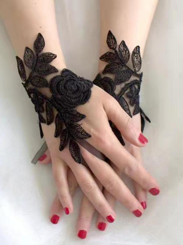 Lace Flower Decor Bridal Gloves, Elegant Gloves for Wedding Bridal Party Formal Occasions, Fashion Accessories for Women