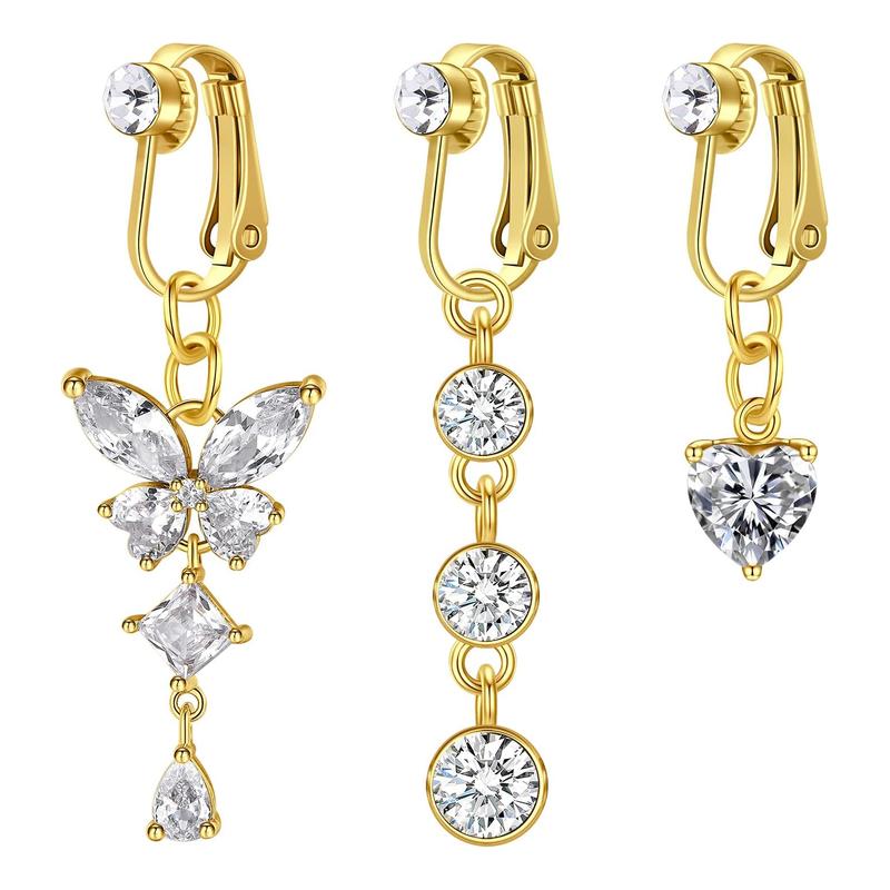 Fake Belly Rings Set Non-Piercing Clip-on Belly Button Rings Stainless Steel Fake Belly Button Ring Fake Earrings Diamond Butterfly Heart