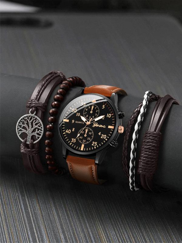 5pcs set Men's Business Round Dial Analog Quartz Watch & PU Leather Braided Beaded Bracelet Without Box, Fashioned Trendy Style Wristwatch Set For Men, Gift For Boys