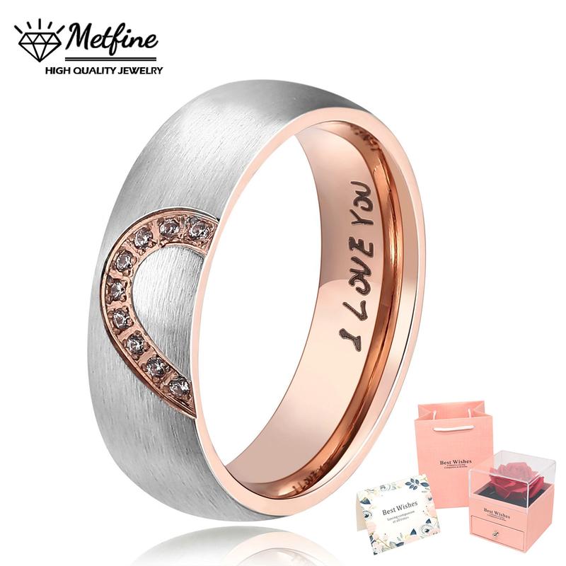 Wedding Rings Promise Couple Rings Matching Heart I Love You Engraved Titanium Steel for Couples Wedding Engagement Band Rings Width 6mm with Gift box