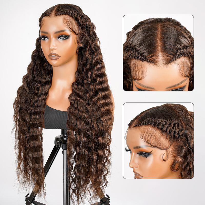 Chocolate Brown Deep Wave Human Hair Lace Frontal Wig Glueless Pre-Styled 13x4 Frontal Wig