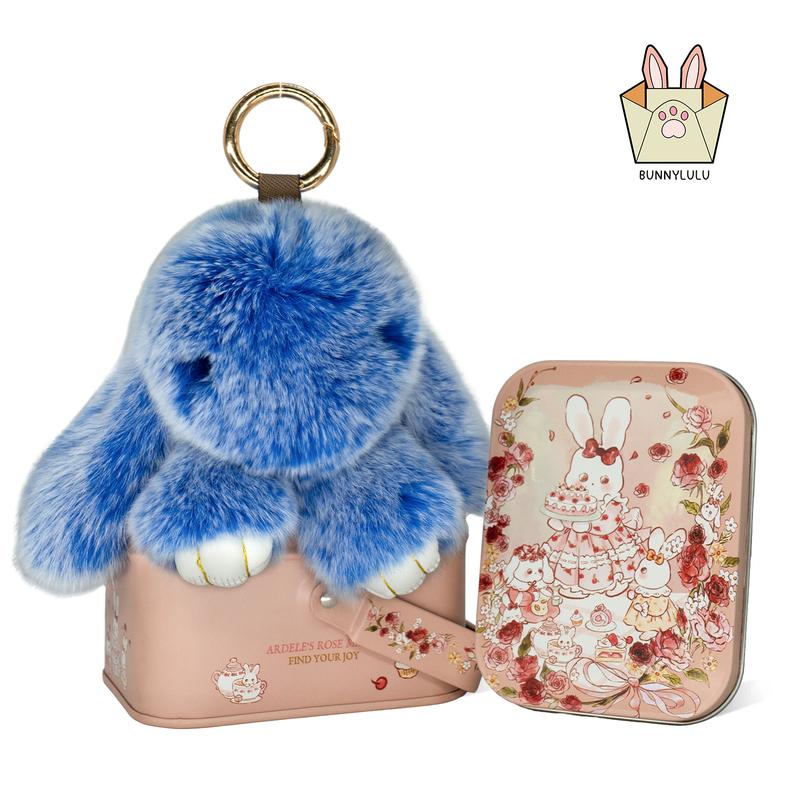 Handmade Soft Bunny PomPom Keychain with Tin Box, Cute Charms for Phone Bag Car, Fashion Accessories, Plush Pendants, Gifts for Women Girls