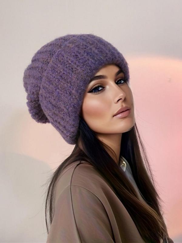 Women's Casual Solid Color Beanie Hat, Fashion Knitting Hat for Fall & Winter, Matching Warm Hat for Women & Girls