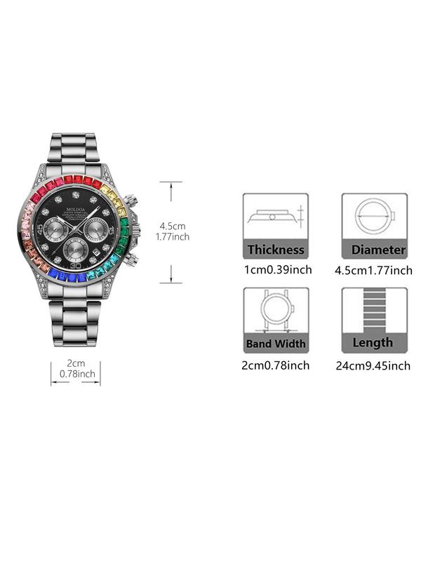 Men's Business Fashion Rhinestone Decorated Analog Quartz Watch, Calendrier Watch for Party, Daily Clothing Decor, Trendy All-match & Exquisite Watch for Birthday Gift with Box