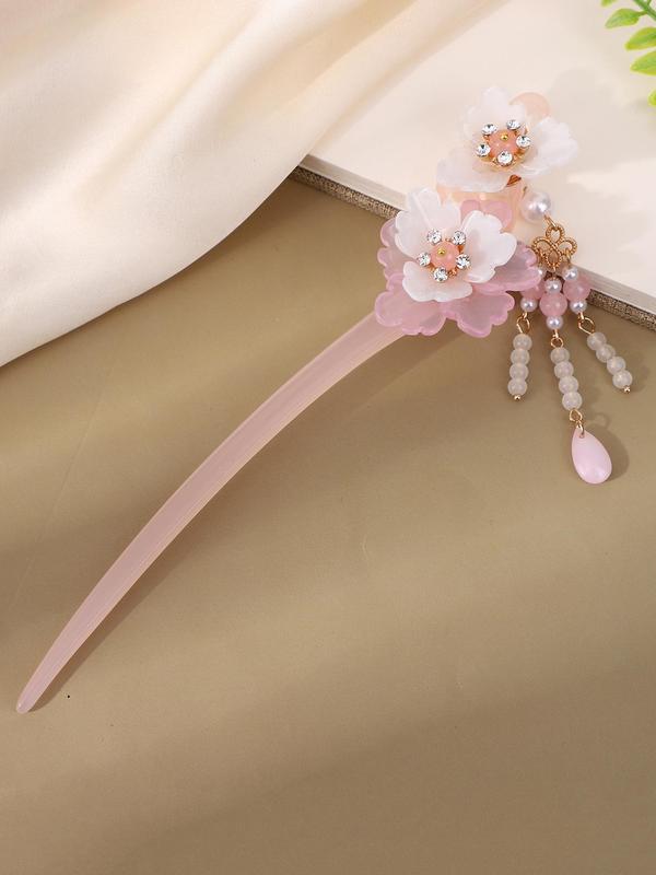 Chinese Style Hair Pin, Faux Pearl & Flower & Tassel Decor Hair Pin, Elegant Hair Accessories for Women & Girls