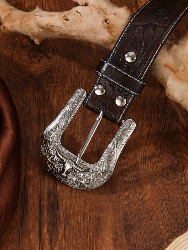 Western Cowboy Style Ethnic Pattern Pu Buckle Belt, Vintage Style Bull Head Design Belt for Women & Men, Fashion Accessories for Party, Daily Clothing Decor