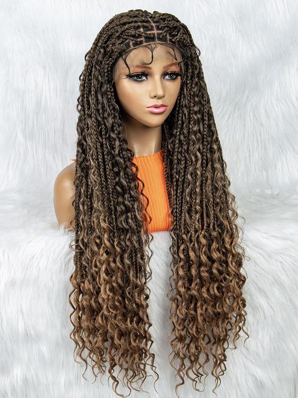 32 Inch Long Wavy Braided Lace Wigs for Women, Gorgeous Fluffy Wigs with Baby Hair Bangs, Synthetic Braided Lace Wigs for Party, Daily Use Braids Hairstyles