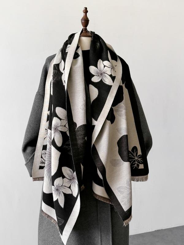 Floral Pattern Fringe Trim Design Scarf, Casual Soft Warm Shawl for Fall & Winter, Fashion Accessories for Women & Men