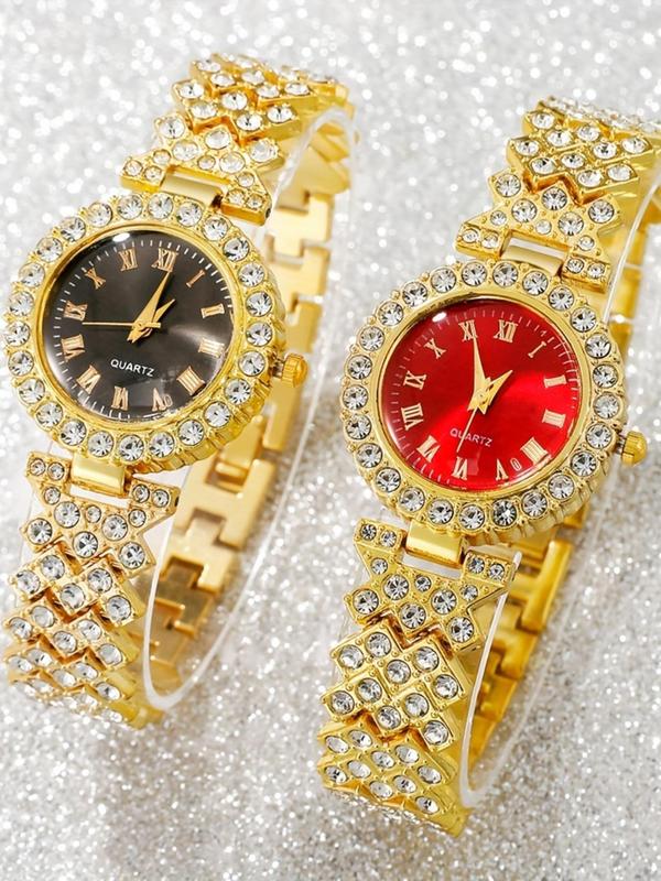 Women's Elegant Rhinestone Decorated Quartz Watch Set, Fashionable Round Dial Analog Watch for Women & Girls, Trendy All-match Watch for Birthday Gift