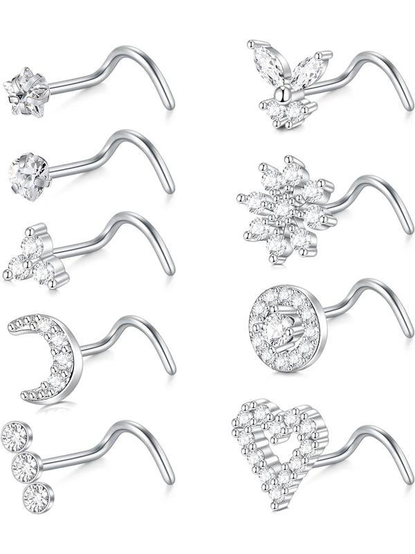 Rhinestone Decorated Nose Studs, 9pcs Elegant Flower & Butterfly Shaped Nose Rings for Women & Men for Party, Daily Clothing Decor, Trendy All-match & Exquisite Jewelry for Birthday Gift