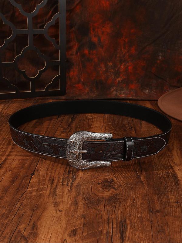 Western Cowboy Style Ethnic Pattern Pu Buckle Belt, Vintage Style Bull Head Design Belt for Women & Men, Fashion Accessories for Party, Daily Clothing Decor