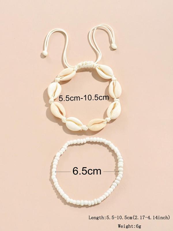 2pcs Trendy Boho Women's Anklets, Seashell Braided Knotted and Beaded Embellished Anklets for Beach Travel Accessories