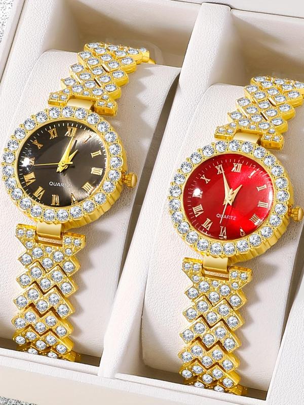 Women's Elegant Rhinestone Decorated Quartz Watch Set, Fashionable Round Dial Analog Watch for Women & Girls, Trendy All-match Watch for Birthday Gift