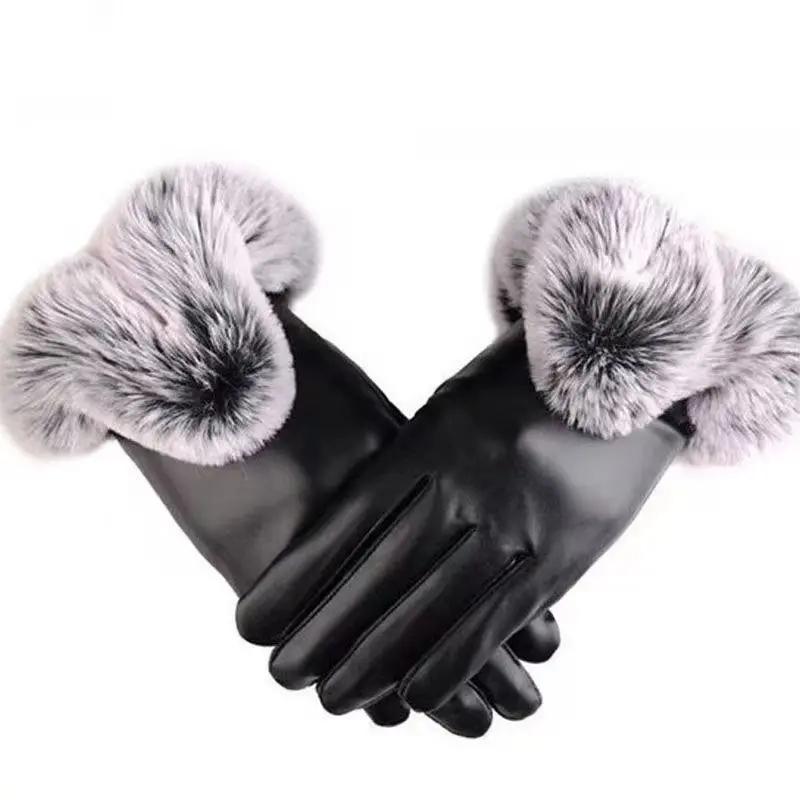 Women's Solid Color Fur Lined PU Leather Gloves, Warm Gloves for Outdoor Sports, Fashionable Gloves for Women & Girls, Christmas Gift