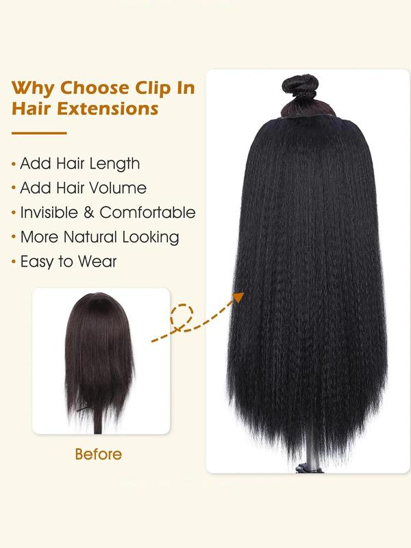 Kinky Straight Clip in Hair Extensions, Black Gorgeous Fluffy Hair Extensions, Synthetic Hair Extensions for Party & Daily Use