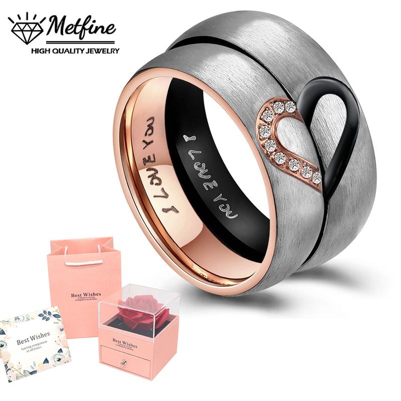 Wedding Rings Promise Couple Rings Matching Heart I Love You Engraved Titanium Steel for Couples Wedding Engagement Band Rings Width 6mm with Gift box