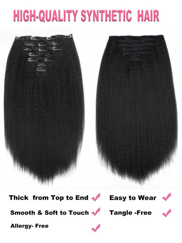 Kinky Straight Clip in Hair Extensions, Black Gorgeous Fluffy Hair Extensions, Synthetic Hair Extensions for Party & Daily Use