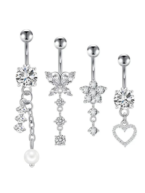 4pcs Unisex Elegant Trendy Rhinestones Decorated Piercing Stainless Steel Body Jewelry, Exquisite Belly Button Ring, Fashionable Body Jewelry for Women & Men