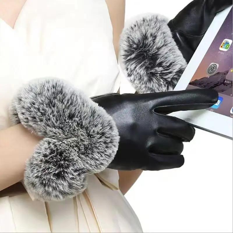 Women's Solid Color Fur Lined PU Leather Gloves, Warm Gloves for Outdoor Sports, Fashionable Gloves for Women & Girls, Christmas Gift