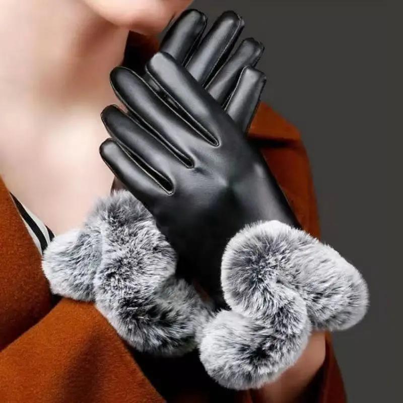 Women's Solid Color Fur Lined PU Leather Gloves, Warm Gloves for Outdoor Sports, Fashionable Gloves for Women & Girls, Christmas Gift