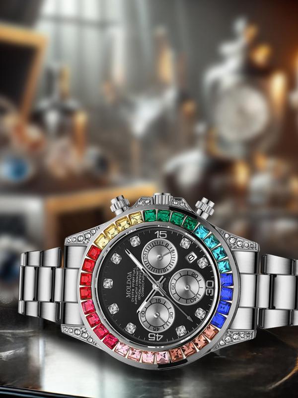 Men's Business Fashion Rhinestone Decorated Analog Quartz Watch, Calendrier Watch for Party, Daily Clothing Decor, Trendy All-match & Exquisite Watch for Birthday Gift with Box