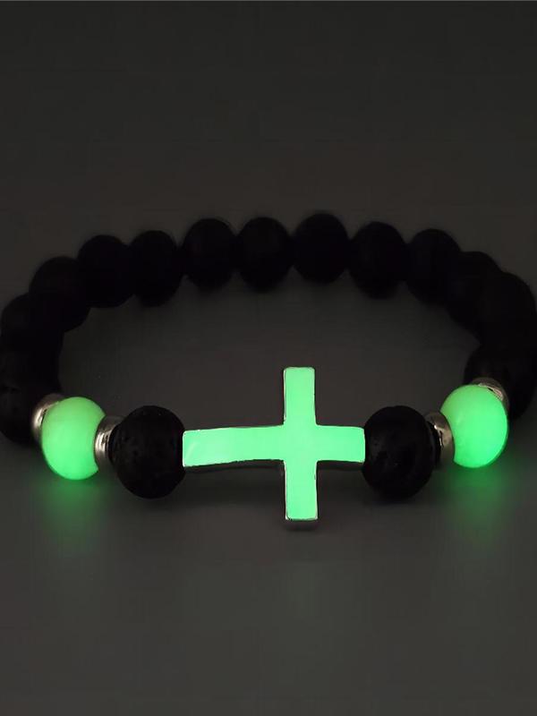 Glow in The Dark Cross Charm Beaded Bracelet, Fashionable Jewelry for Women & Men, Style Bracelet for Party, Daily Decor, Trendy All-match & Exquisite Jewelry for Birthday Gift