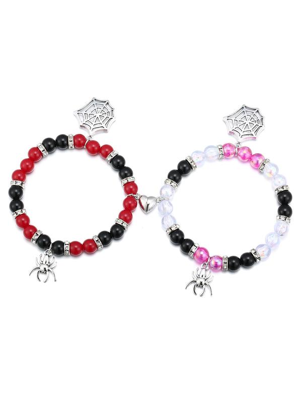 Spider Charm Beaded Bracelet, Casual Simple Plain Color Magnetic Heart Charm Bracelet for Women & Men, Fashion Jewelry for Party, Daily Clothing Decor, Matching Bracelets, Couple Bracelet