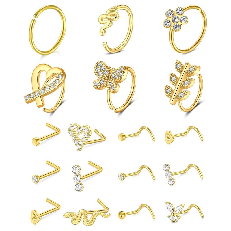 20G Nose Rings 18PCs set Stainless Steel Nose Ring Gold Rings Hoops Studs for Women Men Piercings 20 Gauge Piercing jewelry