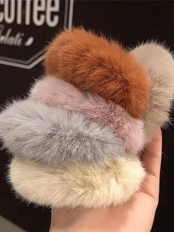 Women's Cute Solid Color Fluffy Hair Ties, Cute Hair Accessories for Women & Girls, Fuzzy Minimalist Headwear Suitable for Thick Hair