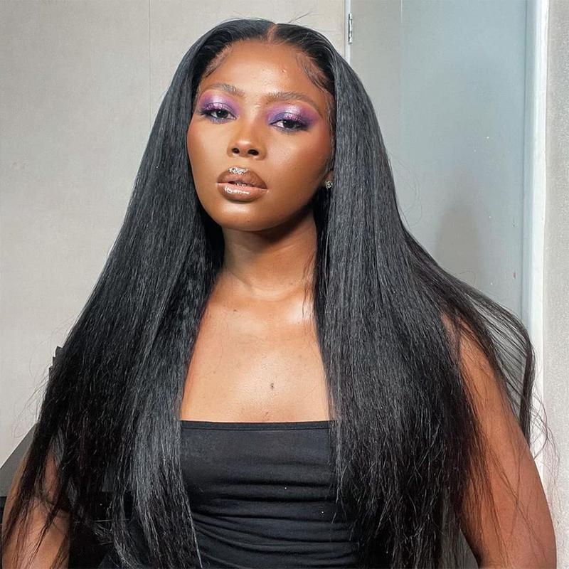 24 Inch Kinky Straight Lace Front Wig Pre Plucked With Baby Hair 180% Density Yaki Straight Lace Front Wig Wigs For Black Women Heat Resistant Hair