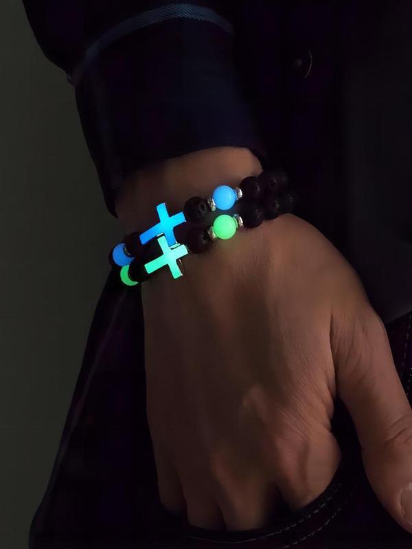 Glow in The Dark Cross Charm Beaded Bracelet, Fashionable Jewelry for Women & Men, Style Bracelet for Party, Daily Decor, Trendy All-match & Exquisite Jewelry for Birthday Gift