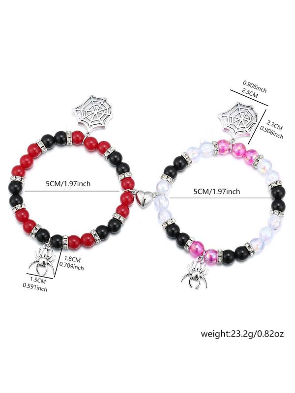 Spider Charm Beaded Bracelet, Casual Simple Plain Color Magnetic Heart Charm Bracelet for Women & Men, Fashion Jewelry for Party, Daily Clothing Decor, Matching Bracelets, Couple Bracelet