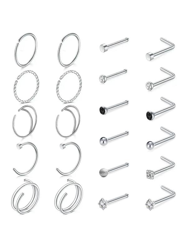 Rhinestone Decor Nose Rings As Gift for Couple, 22pcs set Stainless Steel Nose Piercing Jewelry, Body Jewelry for Party & Daily Decoration