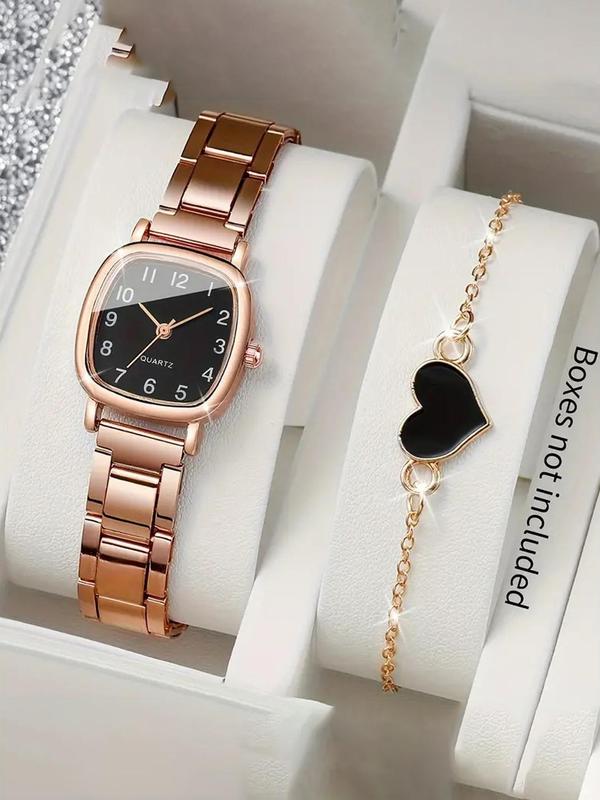 Women's Elegant Square Dial Quartz Watch & Heart Design Bracelet, Exquisite Trendy Wristwatch & Matching Bracelet, Fashionable Watch Set As Gift