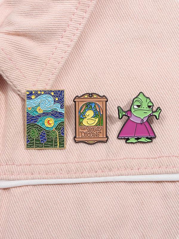 Cartoon Duck & Starry Night Oil Painting Design Brooch, Cute Enamel Pin for Women & Men, Fashion Accessories for Daily Wear