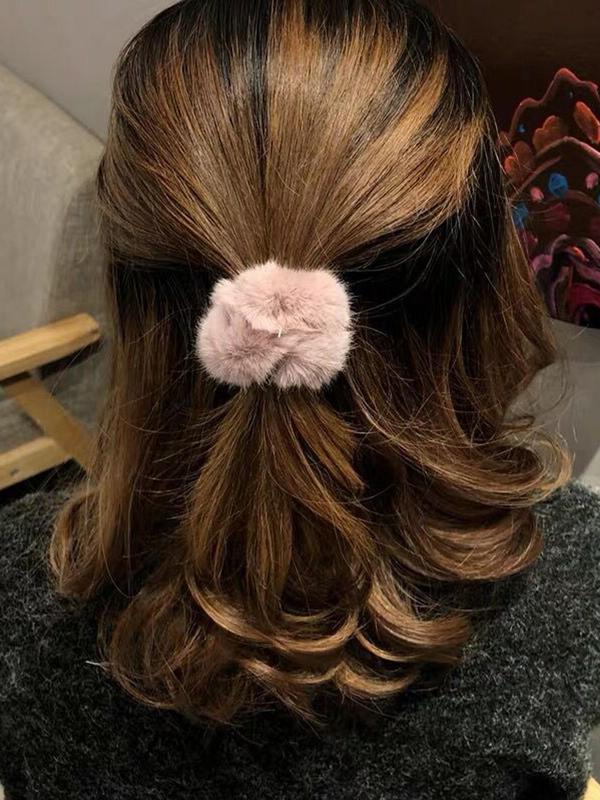 Women's Cute Solid Color Fluffy Hair Ties, Cute Hair Accessories for Women & Girls, Fuzzy Minimalist Headwear Suitable for Thick Hair